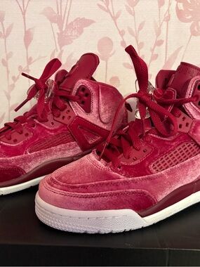 Jordan Kids Velvet High-Top Sneakers in Deep Red and Pink